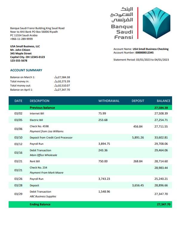 Modèle Word et PDF de relevé de compte courant de la société Banque Saudi Fransi